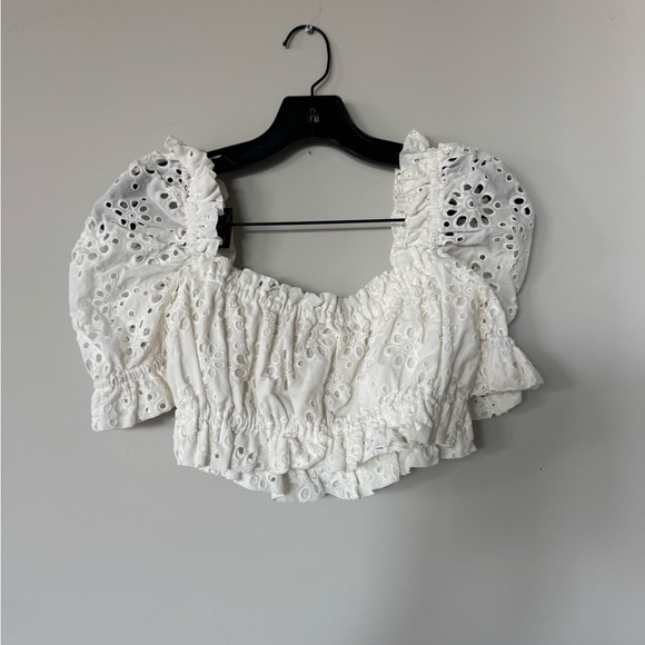 LPA White Eyelet Puff-Sleeve Crop Top - Picture 4 of 5